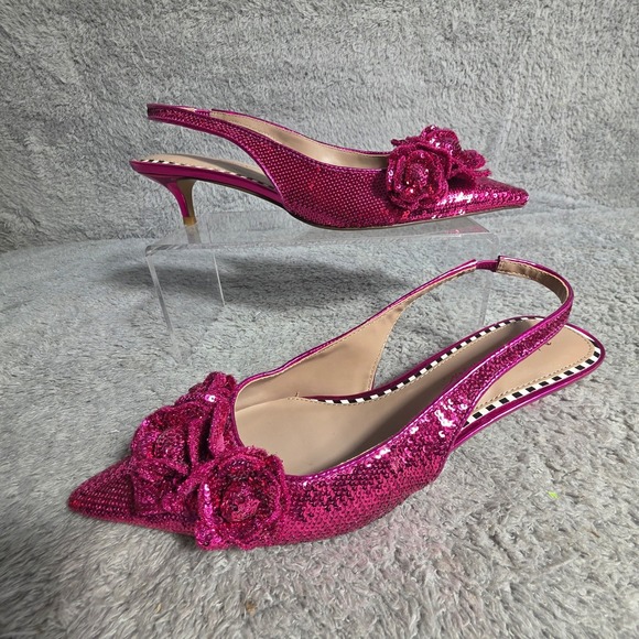 Betsey Johnson Fuchsia Pink Sequin Slingback Kitten Heels Flowers Women 9M NEW